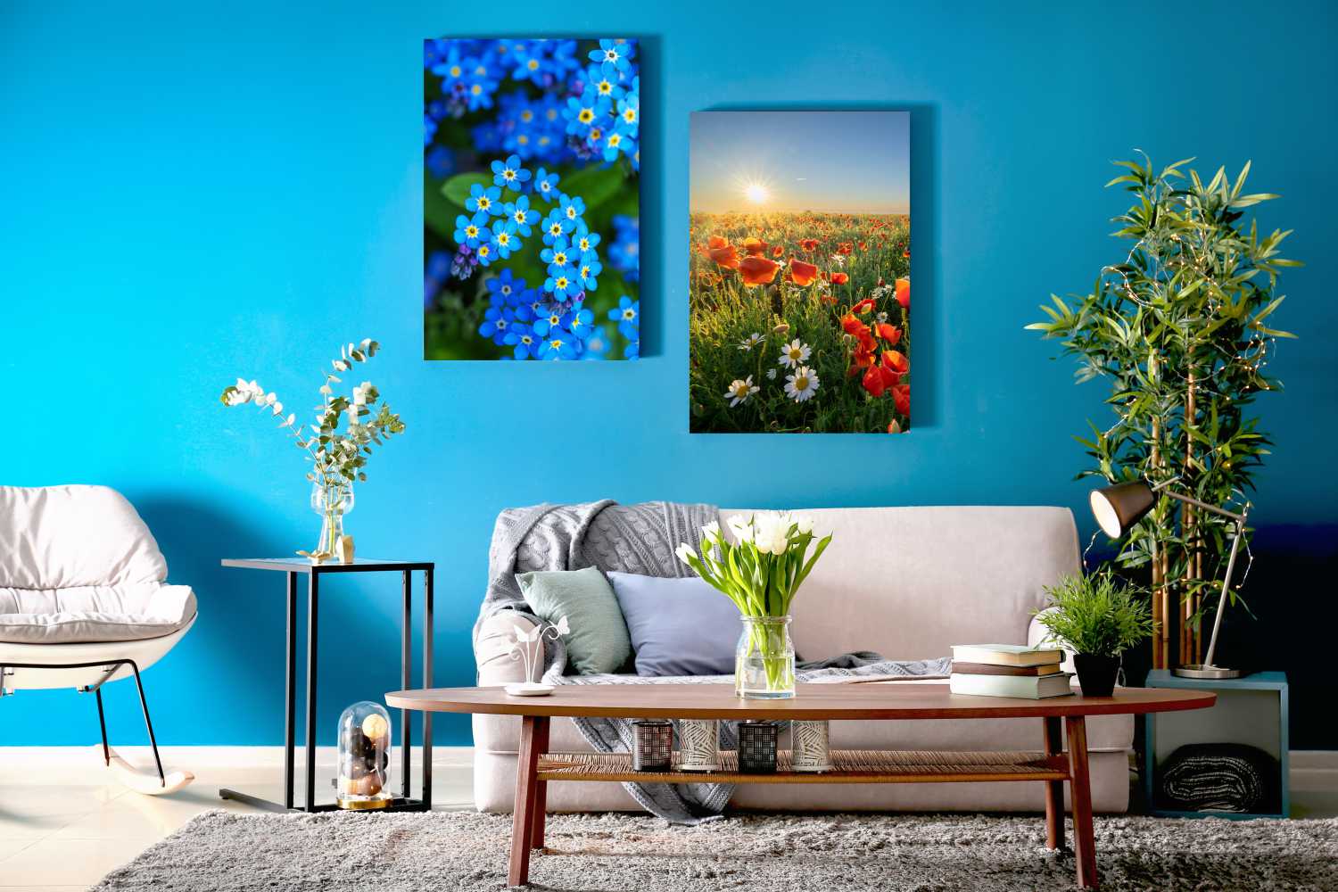 A modern living room with a blue wall, gray sofa, wooden coffee table with tulips, houseplants, and two vibrant Metal Photo Prints—a close-up of blue flowers and a field of red poppies and daisies at sunset. Prints 4 You