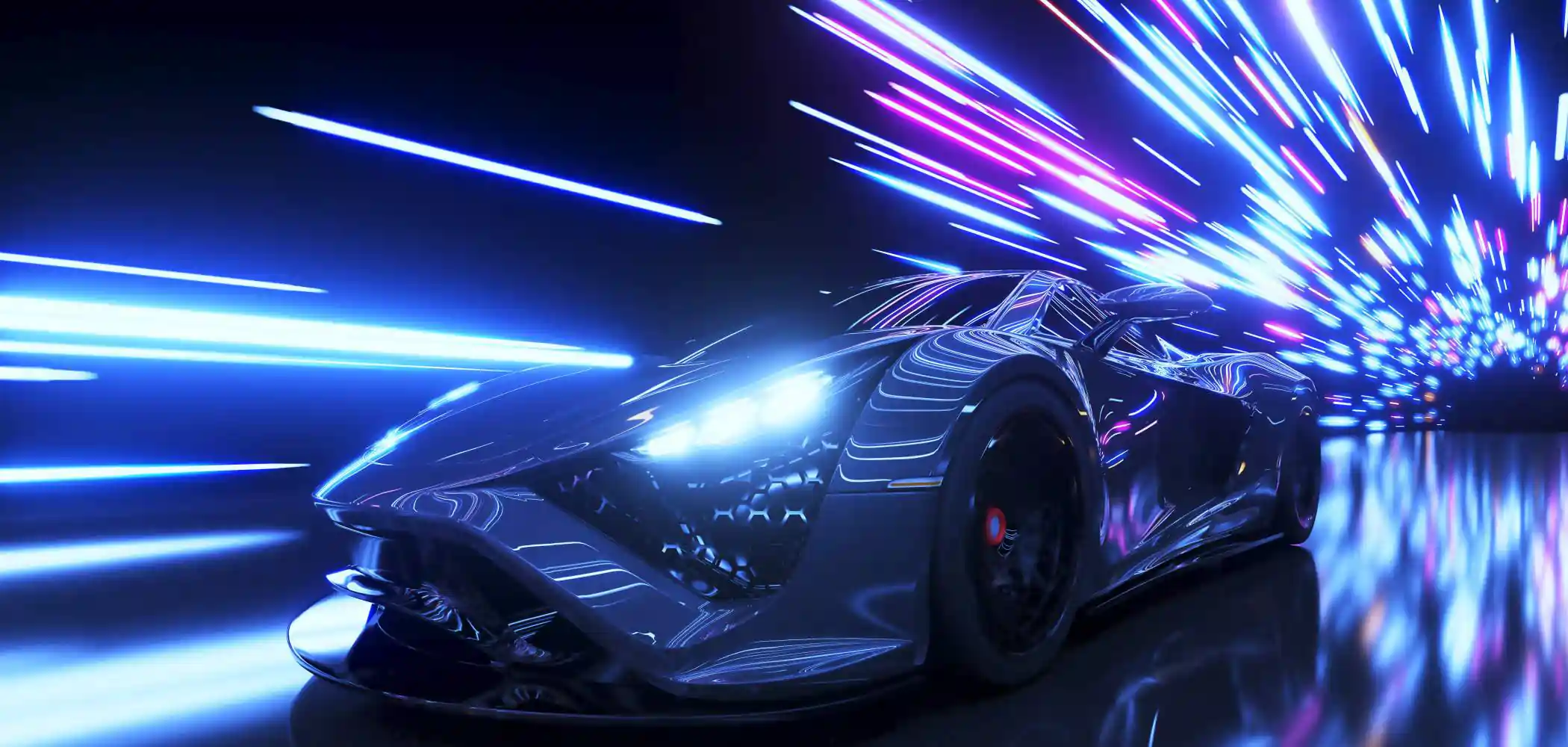 A sleek, futuristic sports car with glowing headlights speeds forward, surrounded by vibrant blue and purple light trails that create a dynamic, high-tech atmosphere. A metal photo print made by Prints 4 You