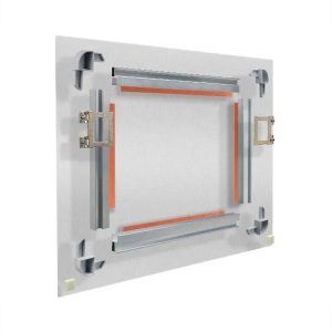The Floating Frame for Metal Prints features a transparent square panel and silver metal bars and edge connectors, arranged symmetrically—ideal for showcasing unique prints or trying different sizes. Choose by your print size.